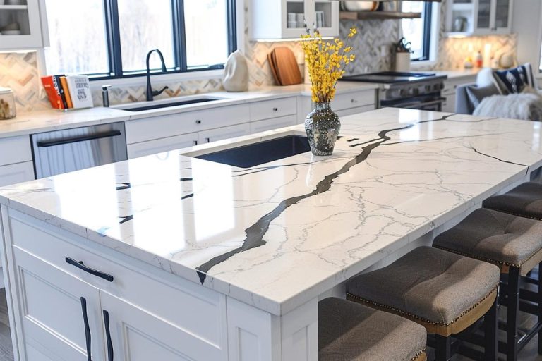 Plan de travail cuisine en granit blanc sur mesure
