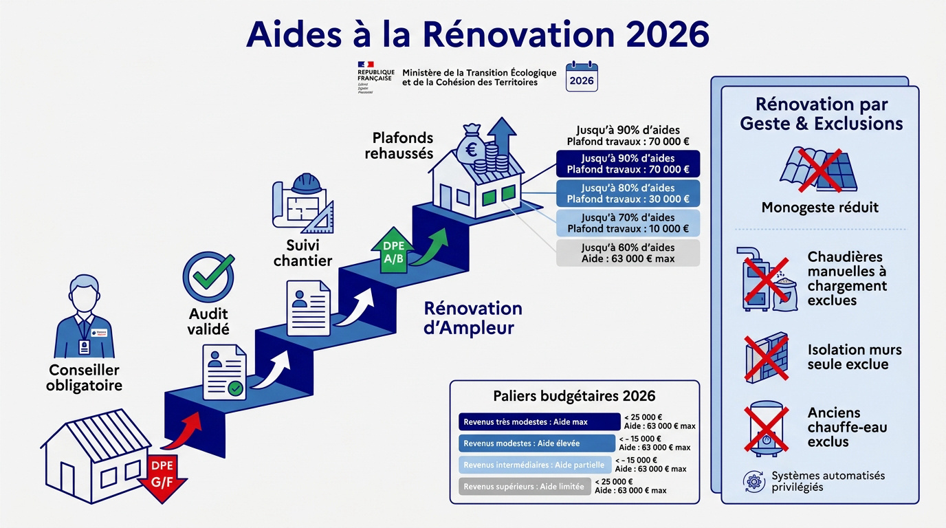 Infographie des parcours MaPrimeRénov 2026 et travaux exclus