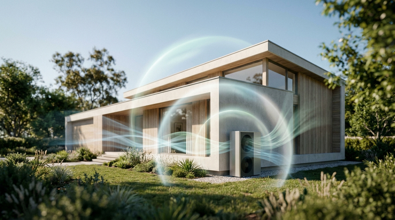 Maison moderne avec pompe à chaleur (PAC) extérieure. Des flux d'énergie lumineux entourent la maison et l'unité, symbolisant l'efficacité.