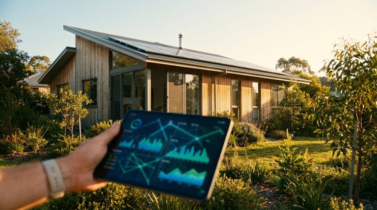 Maison en bois moderne avec panneaux solaires, une main tient une tablette de monitoring énergétique dans un jardin verdoyant.