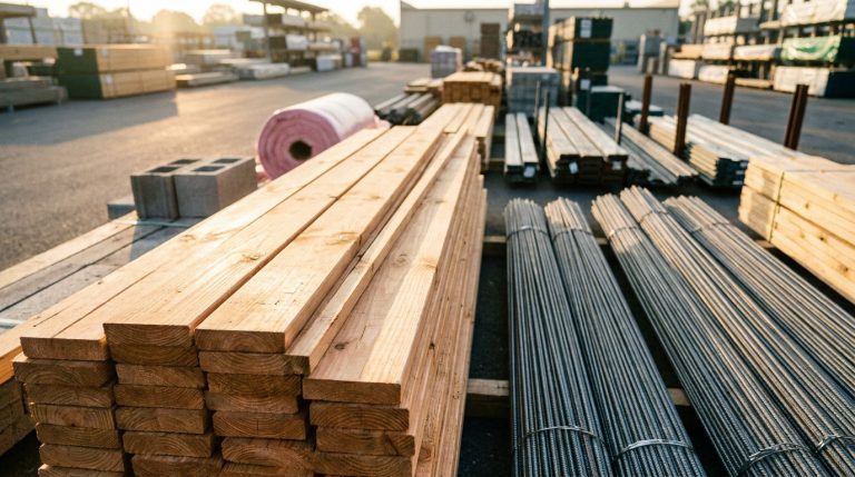 Gros plan sur des piles de bois et de ferraillage, avec des parpaings et de l'isolation dans un dépôt de matériaux sous le soleil.