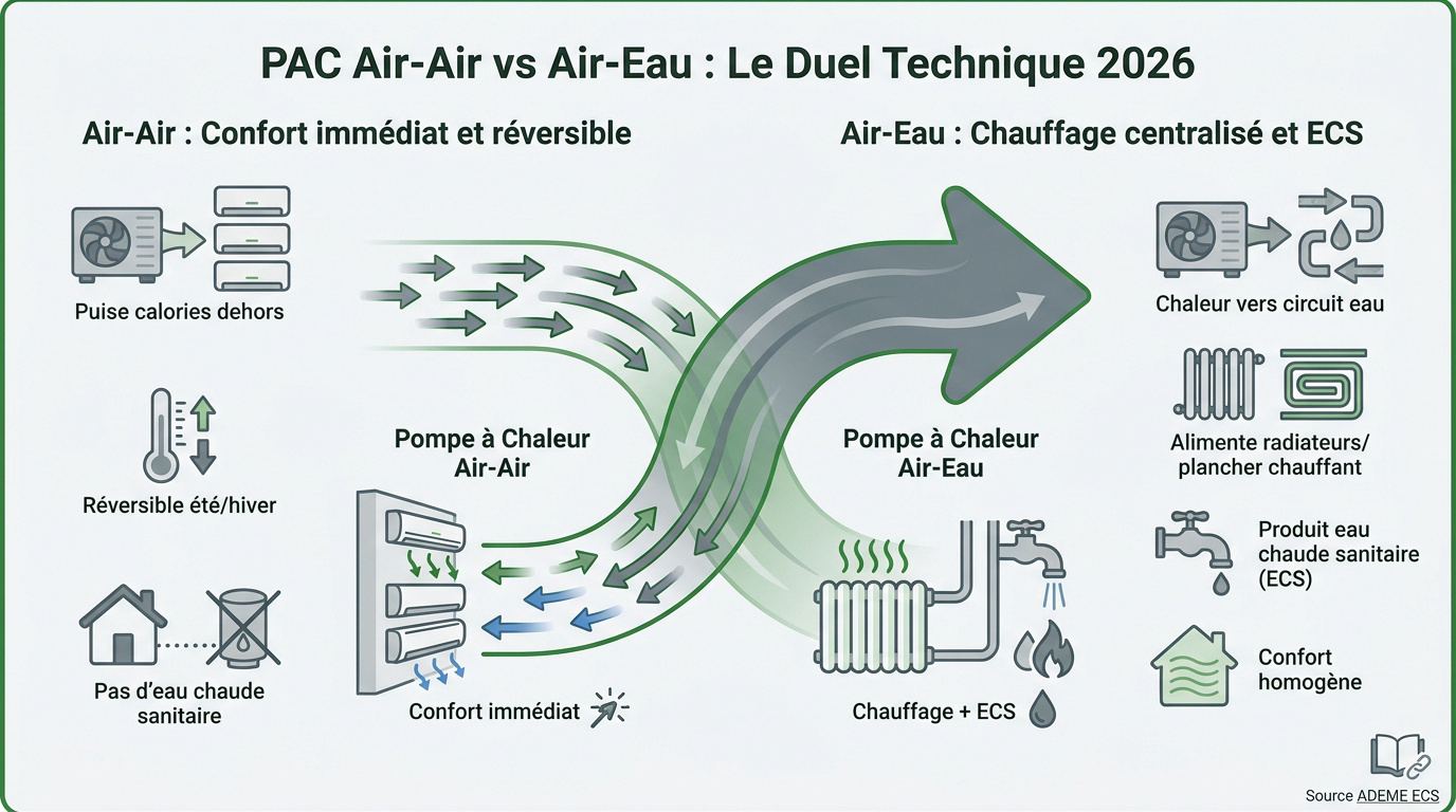 Duel technique entre pompe à chaleur air-air et air-eau en 2026