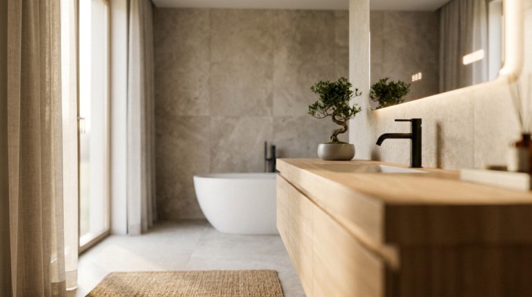 Une salle de bain contemporaine avec baignoire sur pied, meuble lavabo en bois, robinet noir mat, miroir rétroéclairé et plante bonsai.