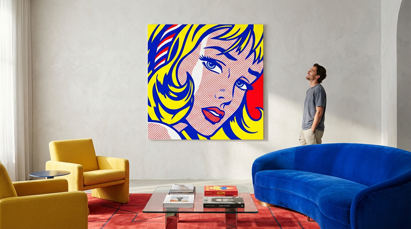 Homme admire un grand tableau pop art d'une femme blonde. Salon moderne avec fauteuils jaunes, canapé bleu, tapis rouge.