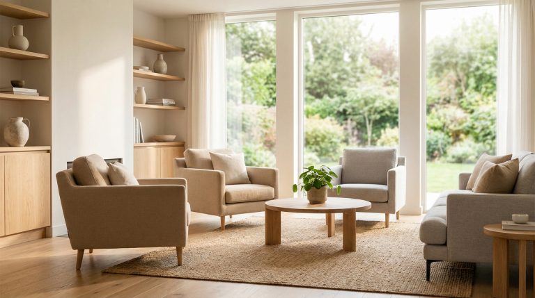 Un salon lumineux et moderne avec des fauteuils beige et gris, une table basse en bois, et de grandes fenêtres donnant sur un jardin verdoyant.