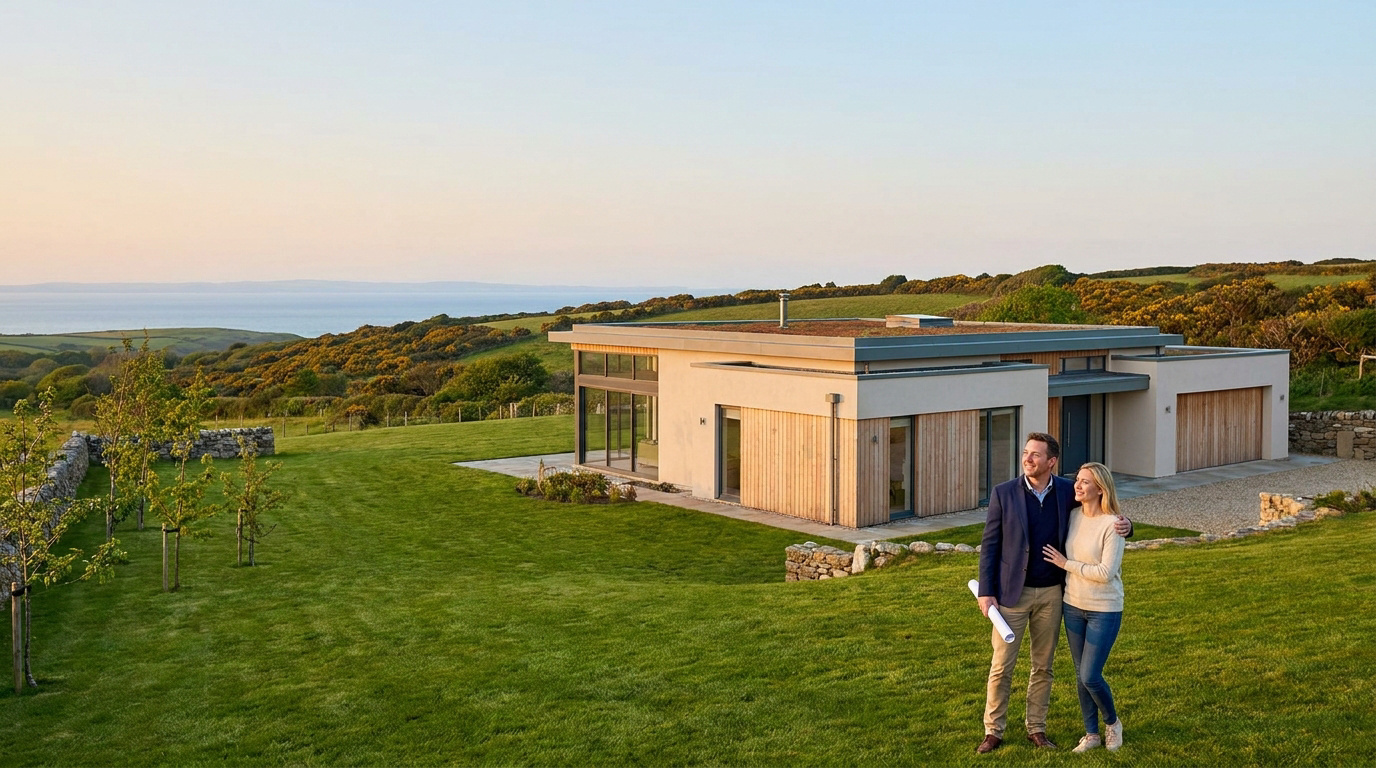Un couple devant leur maison moderne avec toit plat et bardage bois, située dans un paysage côtier du Morbihan.